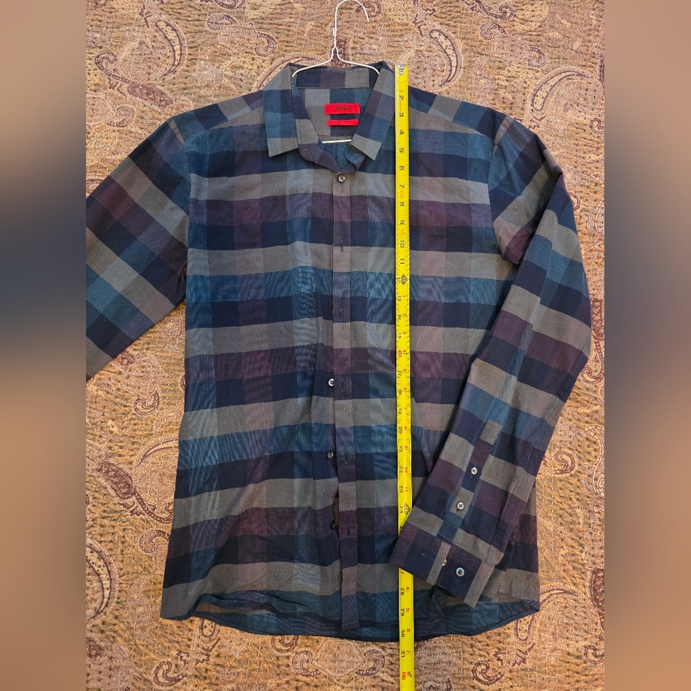 HUGO Men's Blue and Black Checkered Shirt